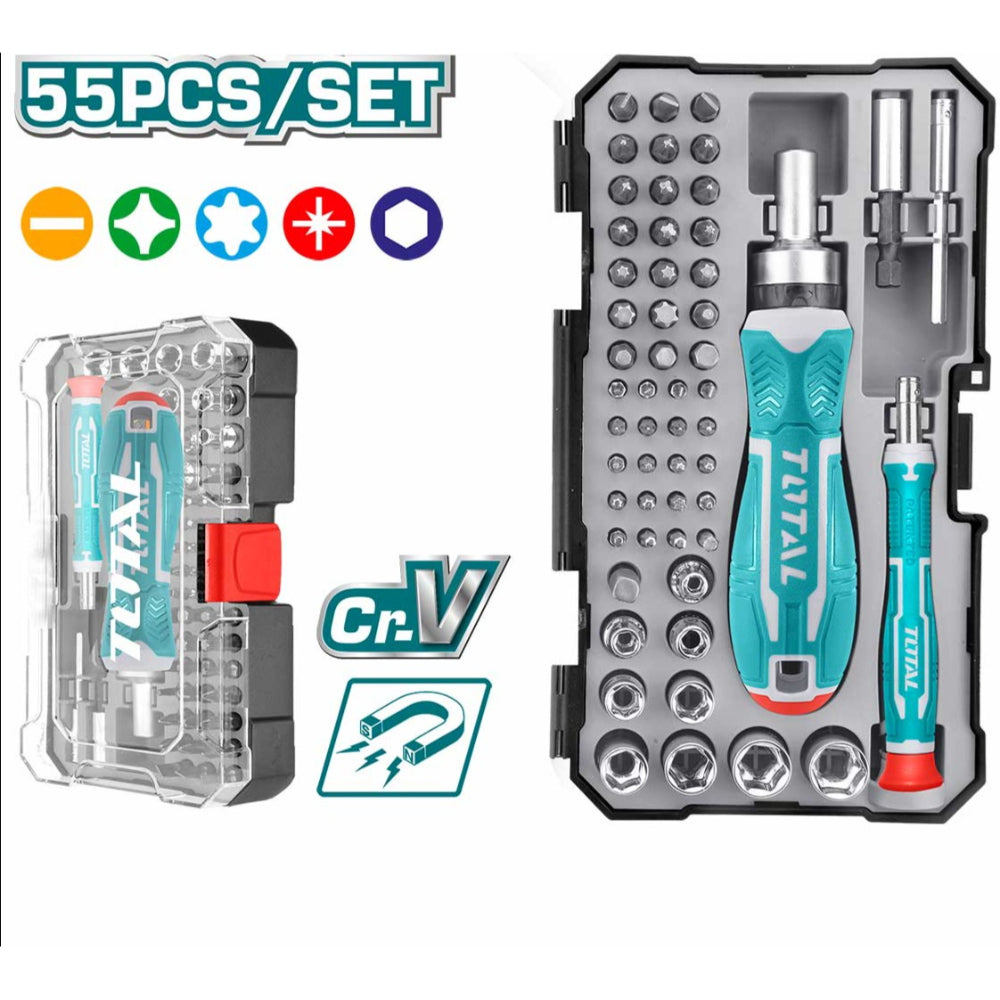 TACSD30556  طقم مفك سنون ولقم 55 قطعة راتشة توتال