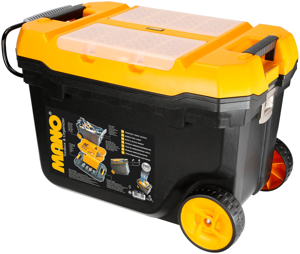 شنطة عدة بعجل وادراج علوية وداخلي نظام ترولي قفل معدن 28 بوصة مقاس 380×595×420 مم ماركة مانو صناعة تركي