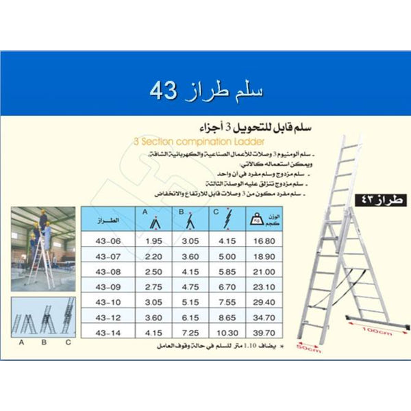 K43-08 سلم الومنيوم ثلاثة وصلات متعدد الاستخدام- فردي 5.85متر-مزدوج ممتدد 4.15 متر- مزدوج 2.50 متر-وزن 21 كجم- طراز