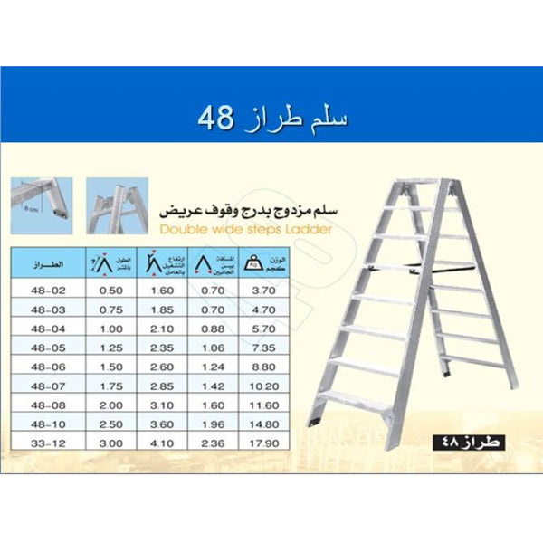 سلم  الومنيوم  مزدوج  درج  وقوف  عريض  من  الجانبين  2 درجة الارتفاع  0.50  متر  المسافة  بين  الجانبين  0.70  متر  ارتفاع  التشغيل  بالعامل  1.60  متر  وزن  3.70  كجم  طراز  02-48