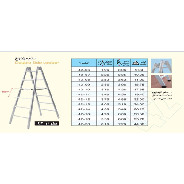 سلم الومنيوم مزدوج طراز 06-42 طول 1.96 متر وبالعامل 3.06 متر وزن 9.00 كجم