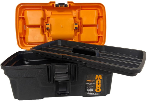 شنطة عدة بلاستيك هيفي ديوتي قفل بلاستيك بحوافظ علوية 13 بوصة مقاس 334×187×147 مم ماركة مانو صناعة تركي