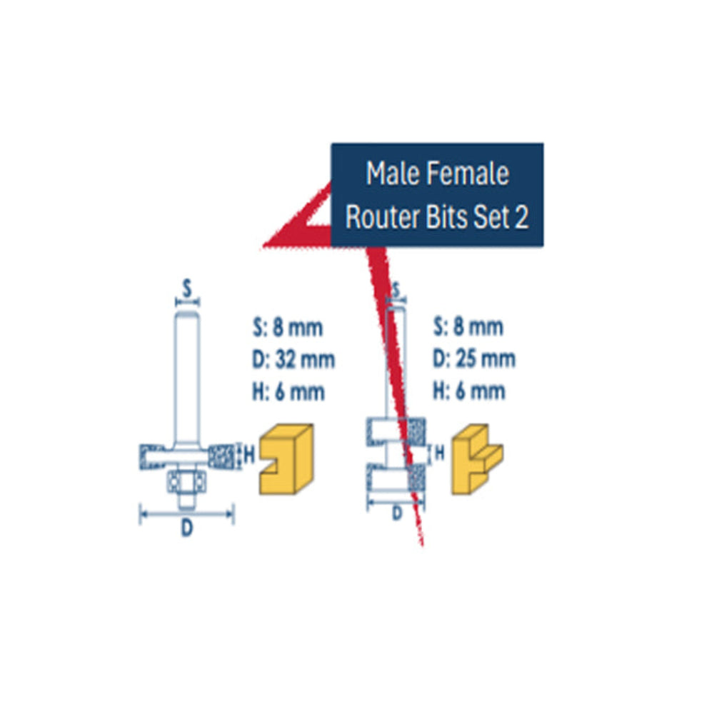 Male Female Router Bits  Set 2 PCs 628-058-025-006 طقم بنط روتر لتعشيق الخشب 2 قطعة