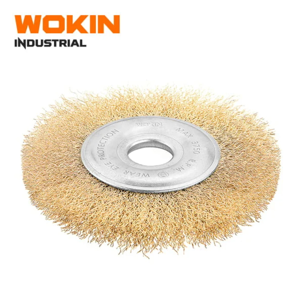 770505 CIRCULAR WIRE BRUSH(INDUSTRIAL) Size 125mm wire dia 0.3mmArbor size 22.2mmWith 16mm and 13mm ring Packing   double blister 770505-WOKIN