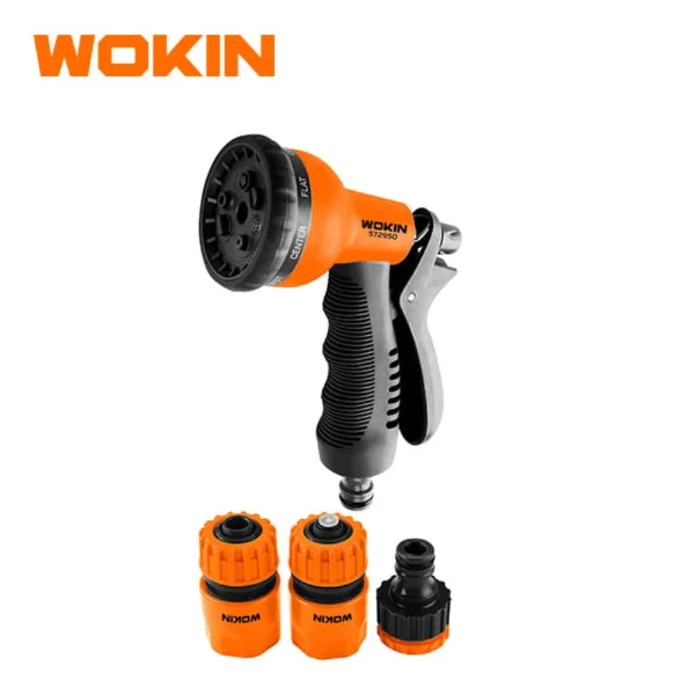 572950 4PCS HOSE CONNECTOR SET  1pc 1/2 hose connector1pc 1/2 hose connector with stop 1pc 1/2x3/4 tap adaptor1pc 8-pattern spray nozzle Packing  Skin card 572950-WOKIN