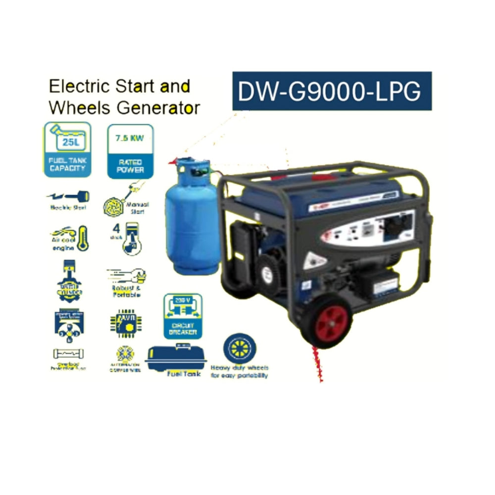 DW-G9000-LPG مولد 220 كهرباء فولت بنزين  بوتجاز مارش/ عجل 7 - 7.5 كيلو وات