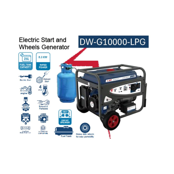 DW-G10000-LPG  مولد  220  فولت  بنزين  بوتجاز  مارش/  عجل    8  -  8.3  كيلو  واط