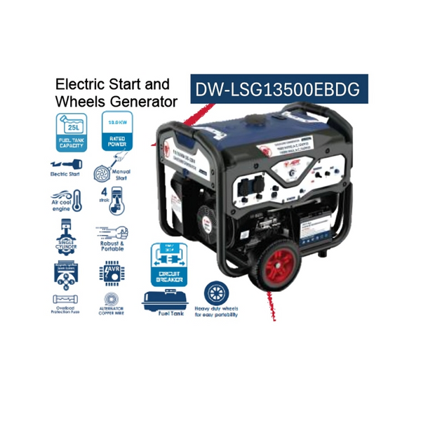 DW-LSG13500EBDG  مولد  220  -  380  فولت  بنزين  مارش/  عجل  9  -  10  كيلو  واط