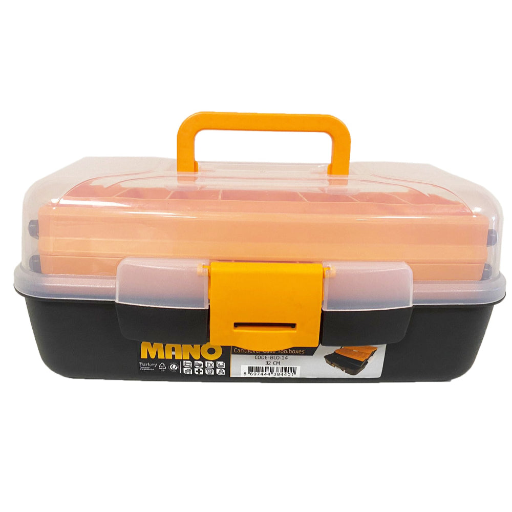 شنطة عدة بلاستيك بحوافظ علوية وادراج داخلية متحركة شفاف 14 بوصة مقاس 157×324×140 مم ماركة مانو صناعة تركي