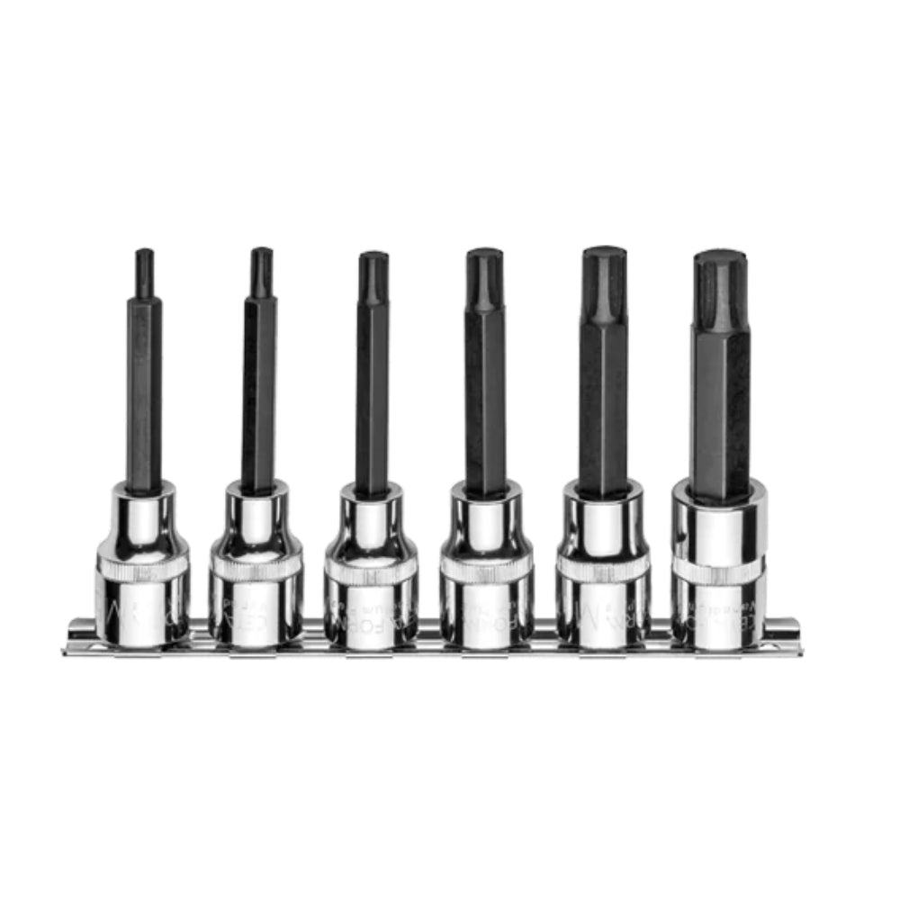 C28S-RR6L  6 Piece 1/2بوصة  Drive RIBE Socket Bit Set - Long  on Metal Clip Rail