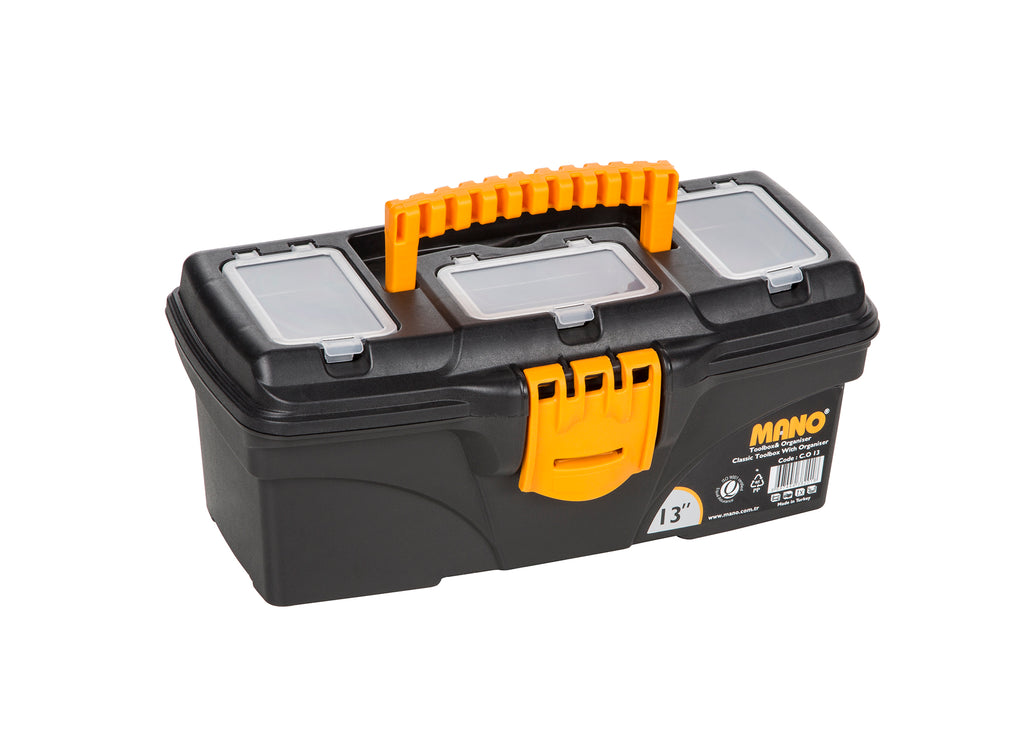 شنطة عدة بلاستيك بحوافظ علوية لون اسود 13 بوصة مقاس 320×165×135 مم ماركة مانو صناعة تركي