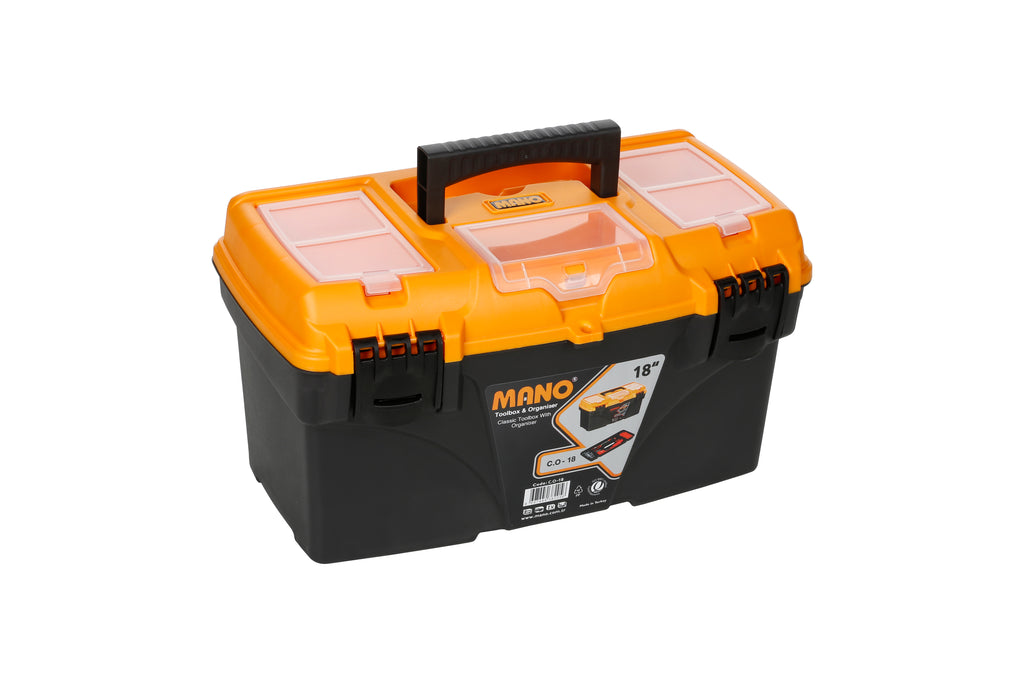 شنطة عدة بلاستيك بحوافظ علوية 18 بوصة مقاس 432×250×238 مم ماركة مانو صناعة تركي