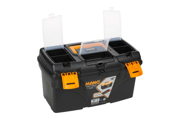 شنطة عدة بلاستيك بحوافظ علوية لون اسود 18 بوصة مقاس 432×251×236 مم ماركة مانو صناعة تركي