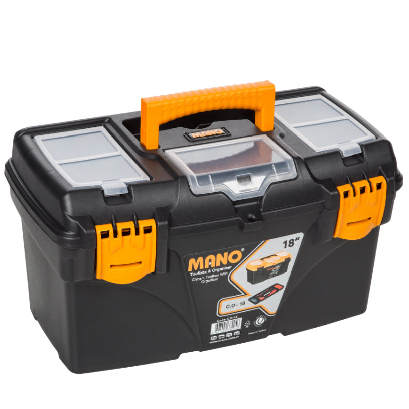 شنطة عدة بلاستيك بحوافظ علوية لون اسود 18 بوصة مقاس 432×251×236 مم ماركة مانو صناعة تركي