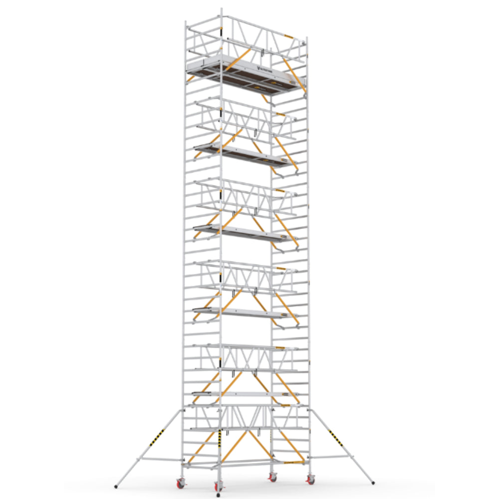 سقالة مواسير الومنيوم بعجل مقاس الطبلية 300×120 سم ارتفاع 10 متر وارتفاع بالعامل 12 متر وزن السقالة 435 كجم مع شهادات سيفتي صناعة تركي UltraTUBE-LN-SG-300