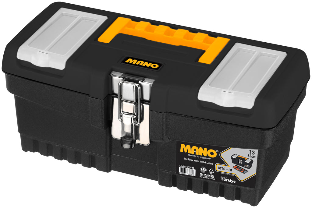 شنطة عدة بلاستيك لون اسود  قفل معدن بحوافظ علوية 13 بوصة مقاس 320×155×139 مم ماركة مانو صناعة تركي