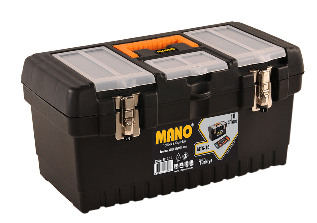 شنطة عدة بلاستيك لون اسود قفل معدن بحوافظ علوية 16 بوصة مقاس 413×212×186 مم ماركة مانو صناعة تركي