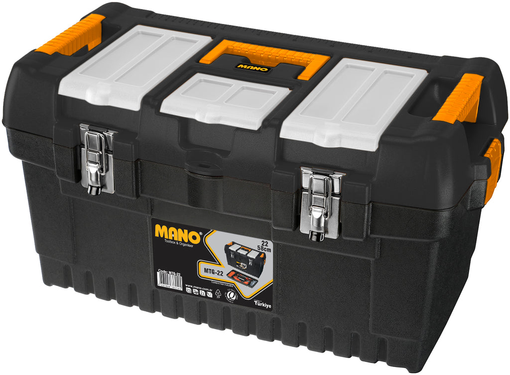 شنطة عدة بلاستيك لون اسود قفل معدن بحوافظ علوية 22 بوصة مقاس 564×310×310 مم ماركة مانو صناعة تركي