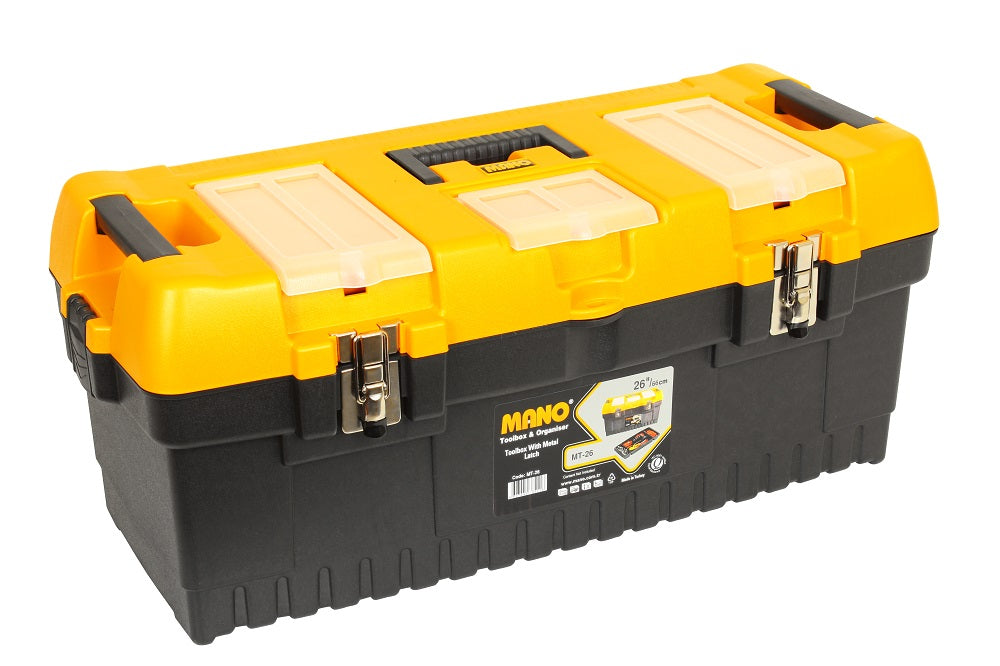 شنطة عدة بلاستيك قفل معدن بحوافظ علوية 26 بوصة مقاس 710×315×290 مم ماركة مانو صناعة تركي