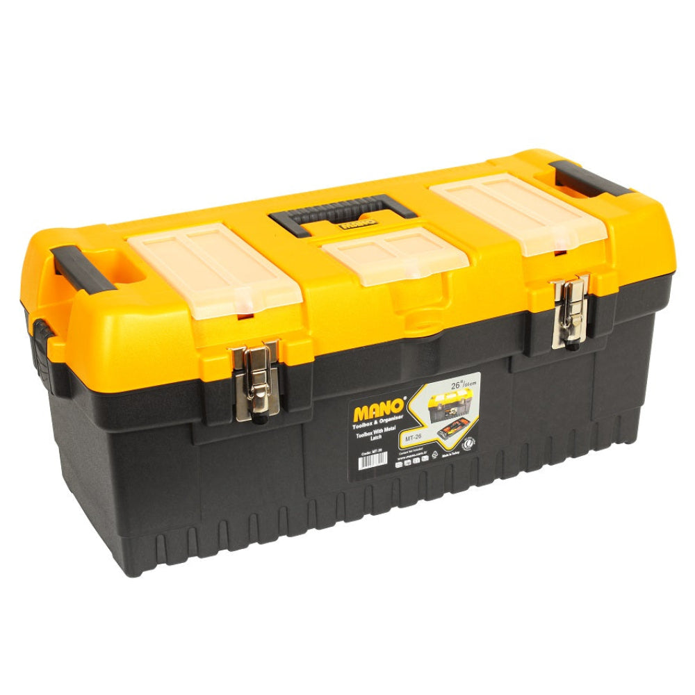 شنطة عدة بلاستيك قفل معدن بحوافظ علوية 26 بوصة مقاس 710×315×290 مم ماركة مانو صناعة تركي