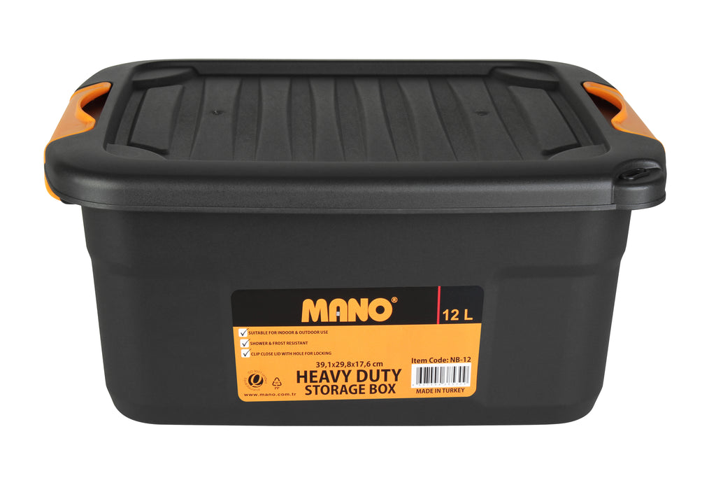 صندوق تخزين بلاستيك هيفي ديوتي بغطاء 12 لتر مقاس 391×298×176 مم ماركة مانو صناعة تركي