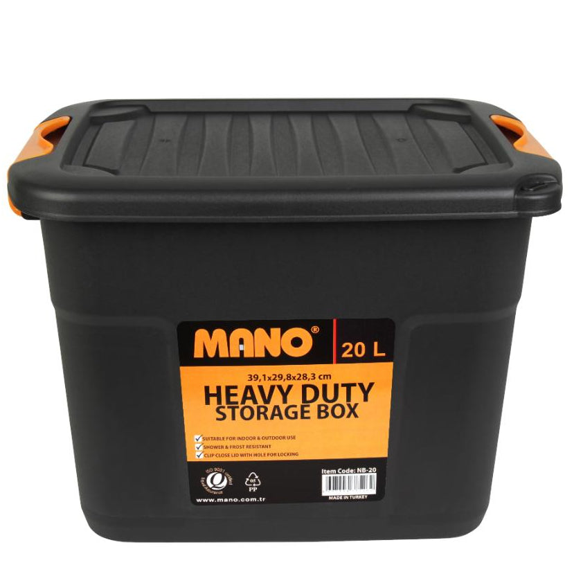صندوق تخزين بلاستيك هيفي ديوتي بغطاء 20 لتر مقاس 390×298×283 مم ماركة مانو صناعة تركي