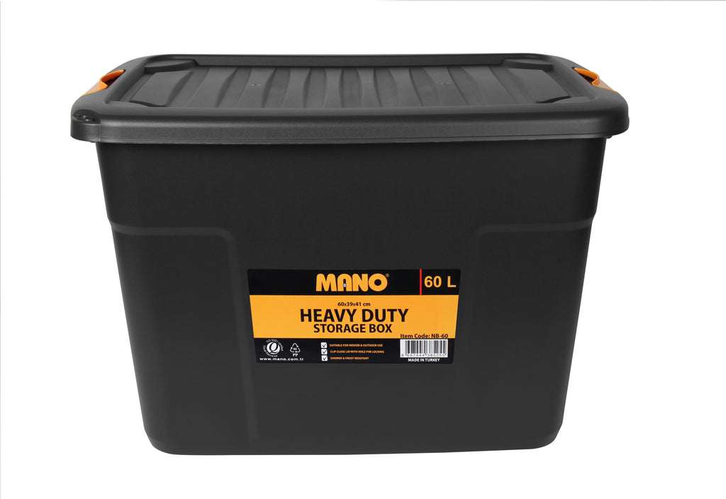 صندوق تخزين بلاستيك هيفي ديوتي بغطاء 60 لتر مقاس 600×393×410 مم ماركة مانو صناعة تركي