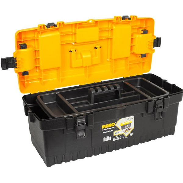 شنطة عدة بلاستيك قفل بلاستيك بحوافظ علوية 26 بوصة مقاس 710×315×290 مم ماركة مانو صناعة تركي