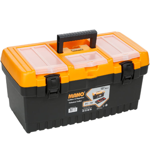 شنطة عدة بلاستيك قفل بلاستيك بحوافظ علوية 19 بوصة مقاس 486×267×242 مم ماركة مانو صناعة تركي