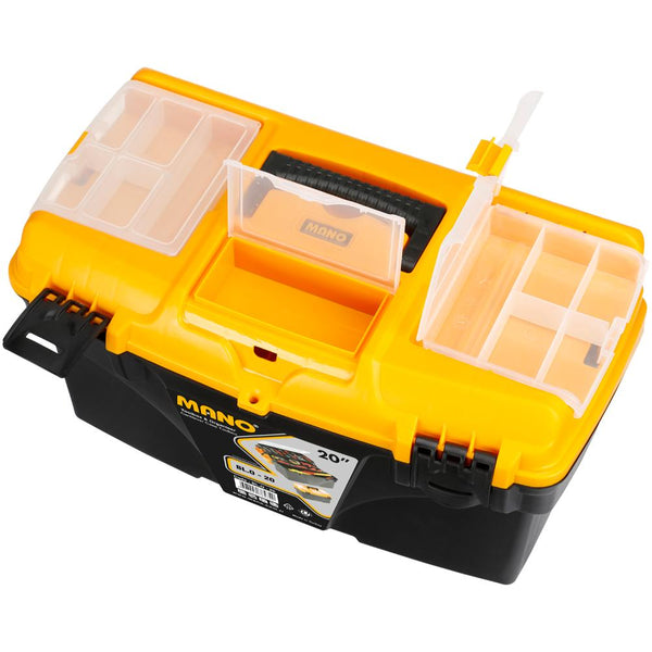 شنطة عدة بلاستيك بحوافظ علوية وادراج داخلية متحركة 20 بوصة لون اصفر مقاس 510×290×280 مم ماركة مانو صناعة تركي