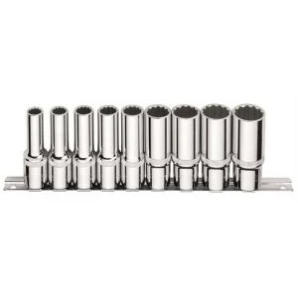 C24-RB09  9 Piece 1/2بوصة  Drive 12-Point Deep Socket Set  on Metal Clip Rail