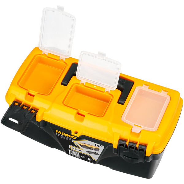 شنطة عدة بلاستيك بحوافظ علوية 16 بوصة مقاس 410×209×195 مم ماركة مانو صناعة تركي