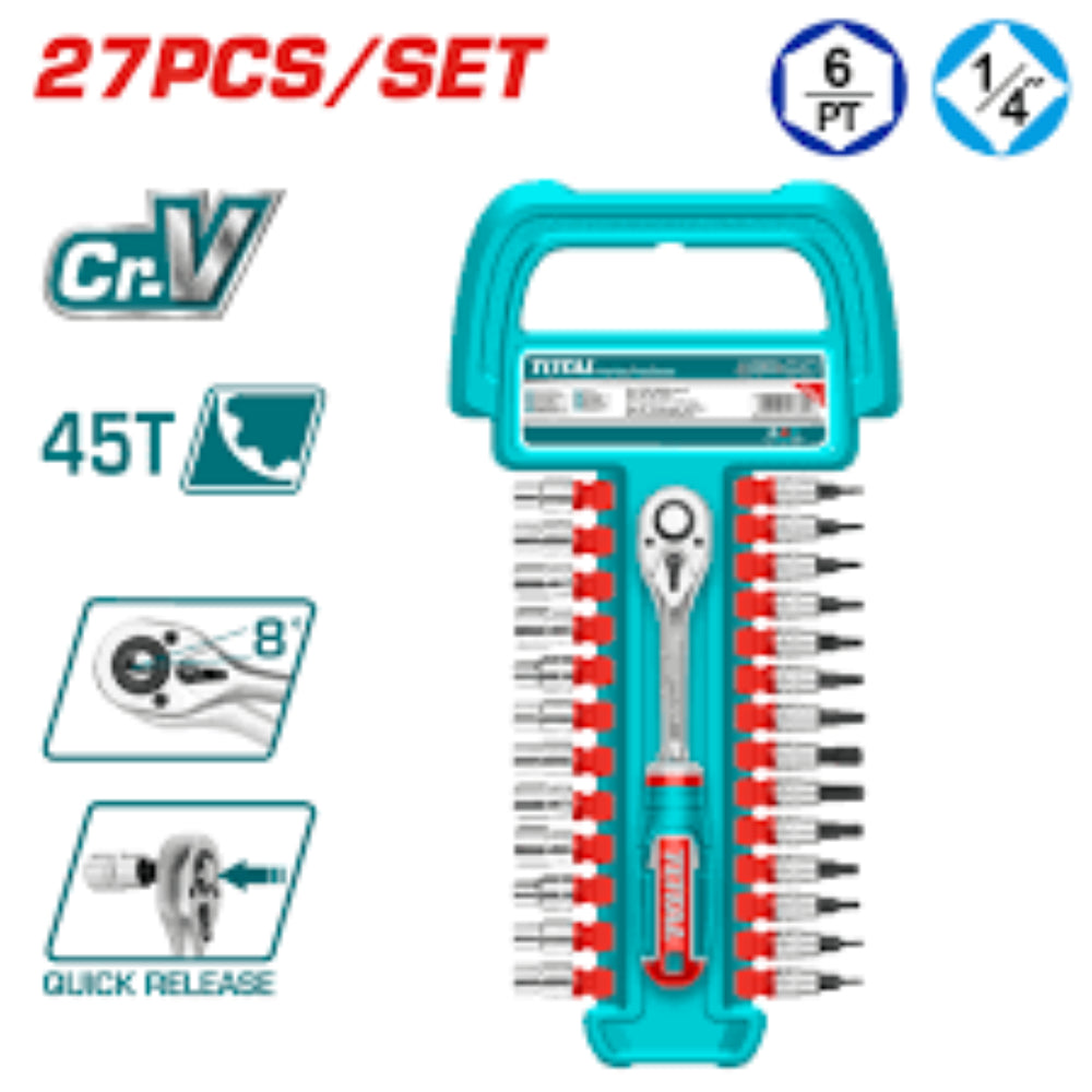 THT141271  طقم لقم رباط  4/1" كارت راتشة 27 قطعة توتال