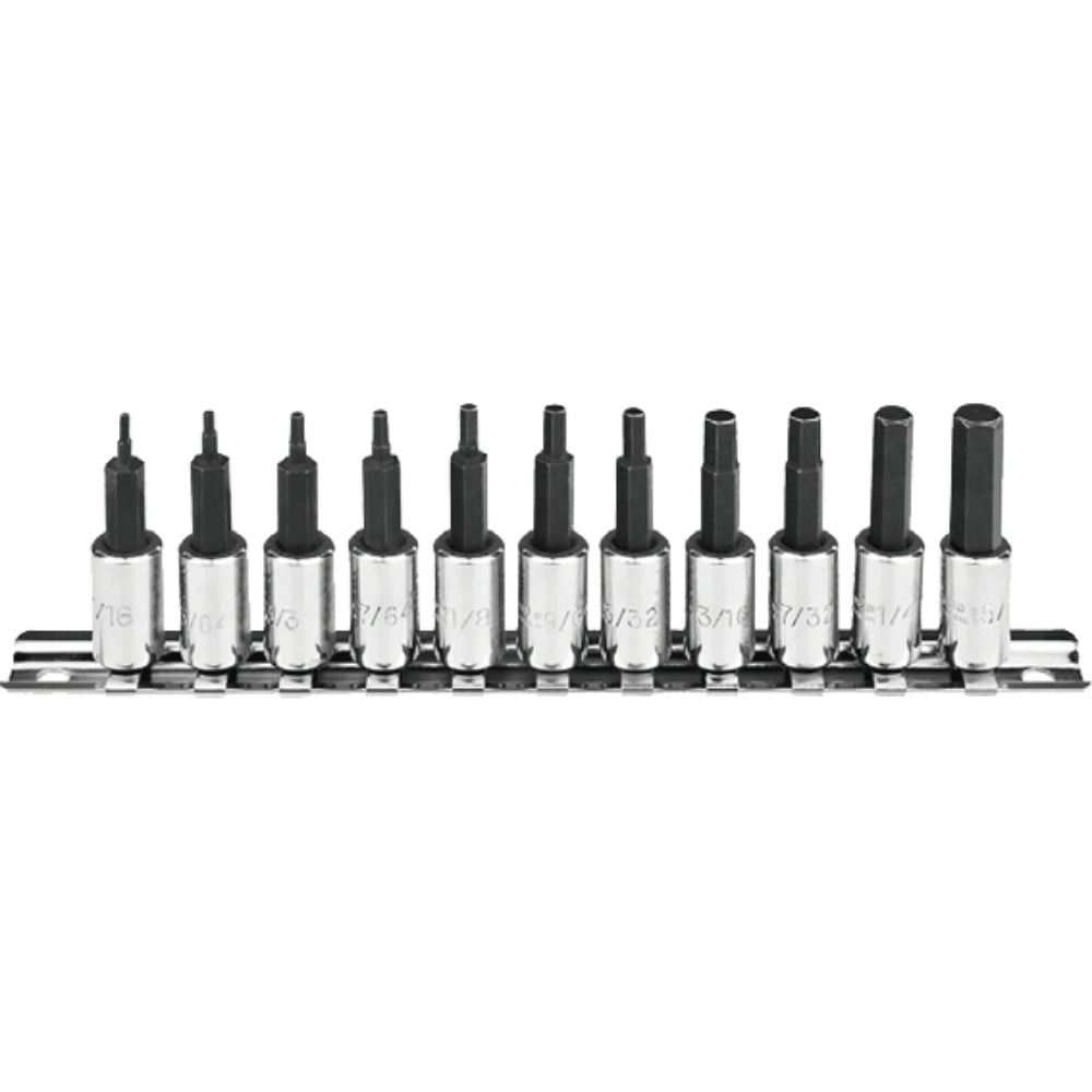 C08AS-RHX11 11 Piece 1/4" Drive Hexagon Socket Bit Set  on Metal Clip Rail  - SAE