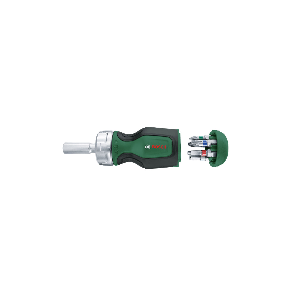 1600A027PK 1 x short ratchet screwdriver. 6 x bits (PZ1. PZ2. PH2. SL4. TX25. HEX5). in box