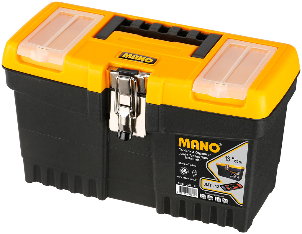 شنطة عدة بلاستيك جامبو قفل معدن بحوافظ علوية 13 بوصة مقاس 320×155×187 مم ماركة مانو صناعة تركي