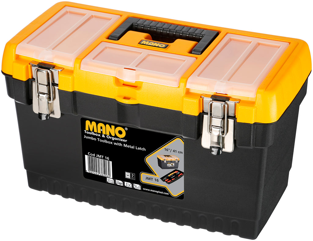 شنطة عدة بلاستيك جامبو قفل بلاستيك بحوافظ علوية 16 بوصة مقاس 413×212×224 مم ماركة مانو صناعة تركي