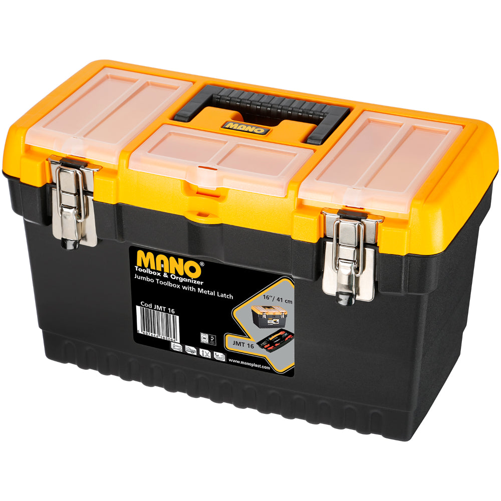 شنطة عدة بلاستيك جامبو قفل معدن بحوافظ علوية 16 بوصة مقاس 413×212×244 مم ماركة مانو صناعة تركي