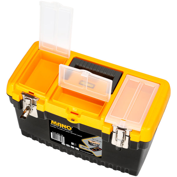 شنطة عدة بلاستيك جامبو قفل معدن بحوافظ علوية 16 بوصة مقاس 413×212×244 مم ماركة مانو صناعة تركي