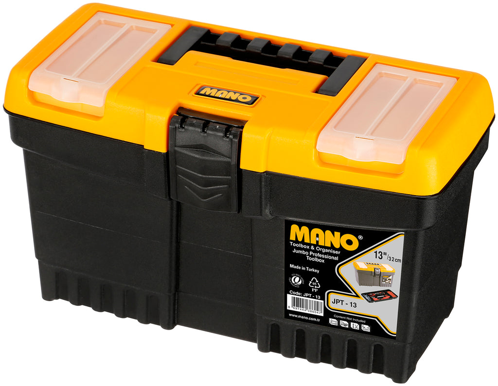 شنطة عدة بلاستيك جامبو قفل بلاستيك بحوافظ علوية 13 بوصة مقاس 320×155×187 مم ماركة مانو صناعة تركي