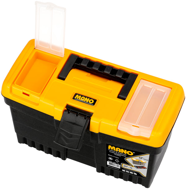 شنطة عدة بلاستيك جامبو قفل بلاستيك بحوافظ علوية 13 بوصة مقاس 320×155×187 مم ماركة مانو صناعة تركي