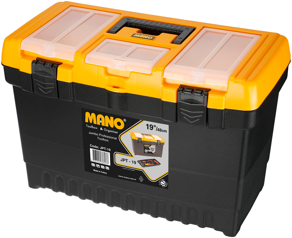 شنطة عدة بلاستيك جامبو قفل بلاستيك بحوافظ علوية 19 بوصة مقاس 486×267×320 مم ماركة مانو صناعة تركي