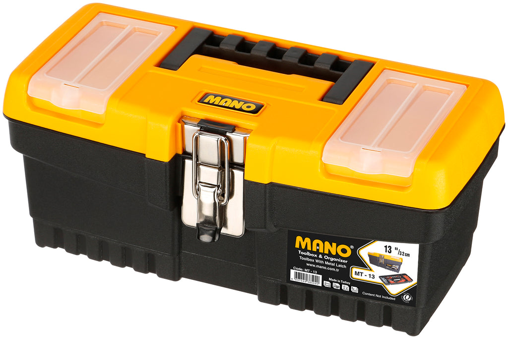 شنطة عدة بلاستيك قفل معدن بحوافظ علوية 13 بوصة مقاس 320×155×139 مم ماركة مانو صناعة تركي