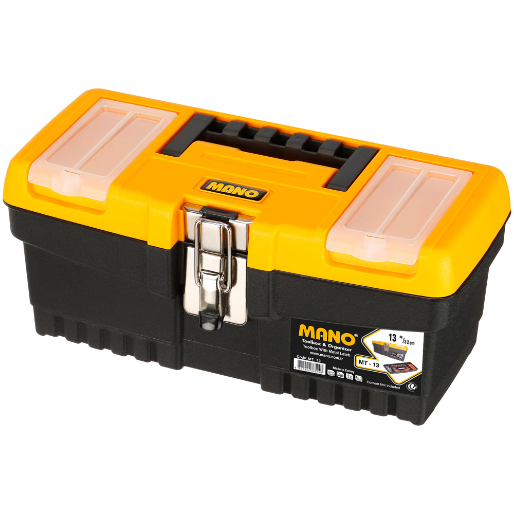 شنطة عدة بلاستيك قفل معدن بحوافظ علوية 13 بوصة مقاس 320×155×139 مم ماركة مانو صناعة تركي