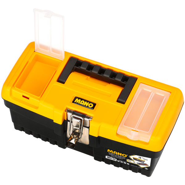 شنطة عدة بلاستيك قفل معدن بحوافظ علوية 13 بوصة مقاس 320×155×139 مم ماركة مانو صناعة تركي