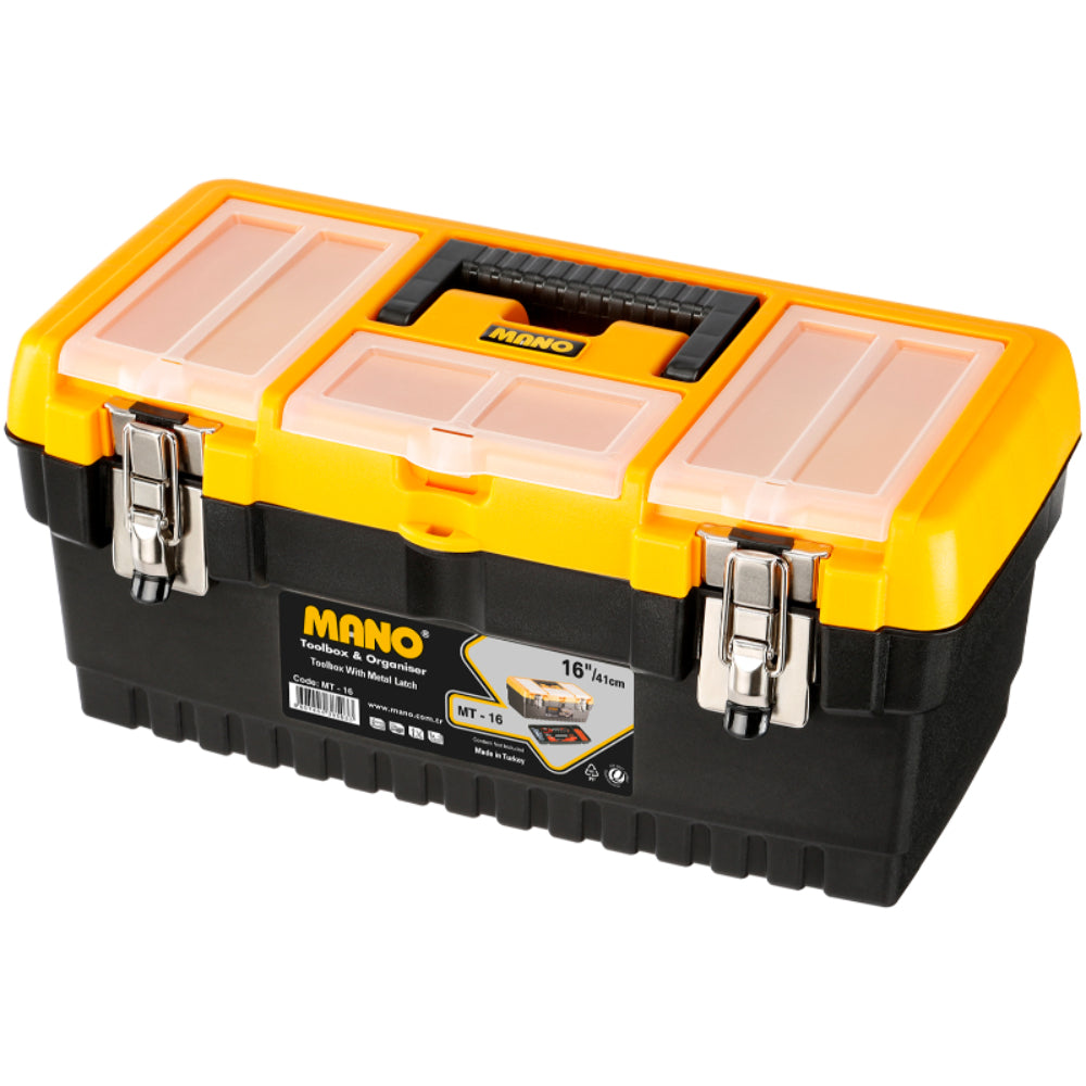 شنطة عدة بلاستيك قفل معدن بحوافظ علوية 16 بوصة مقاس 413×212×186 مم ماركة مانو صناعة تركي