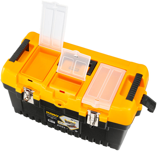 شنطة عدة بلاستيك قفل معدن بحوافظ علوية 22 بوصة مقاس 564×310×310 مم ماركة مانو صناعة تركي