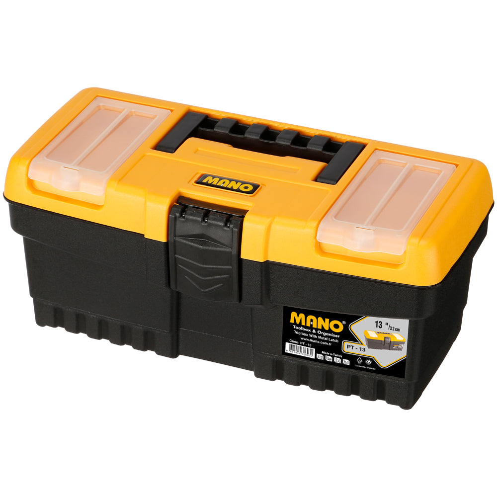 شنطة عدة بلاستيك قفل بلاستيك بحوافظ علوية 13 بوصة مقاس 320×155×139 مم ماركة مانو صناعة تركي