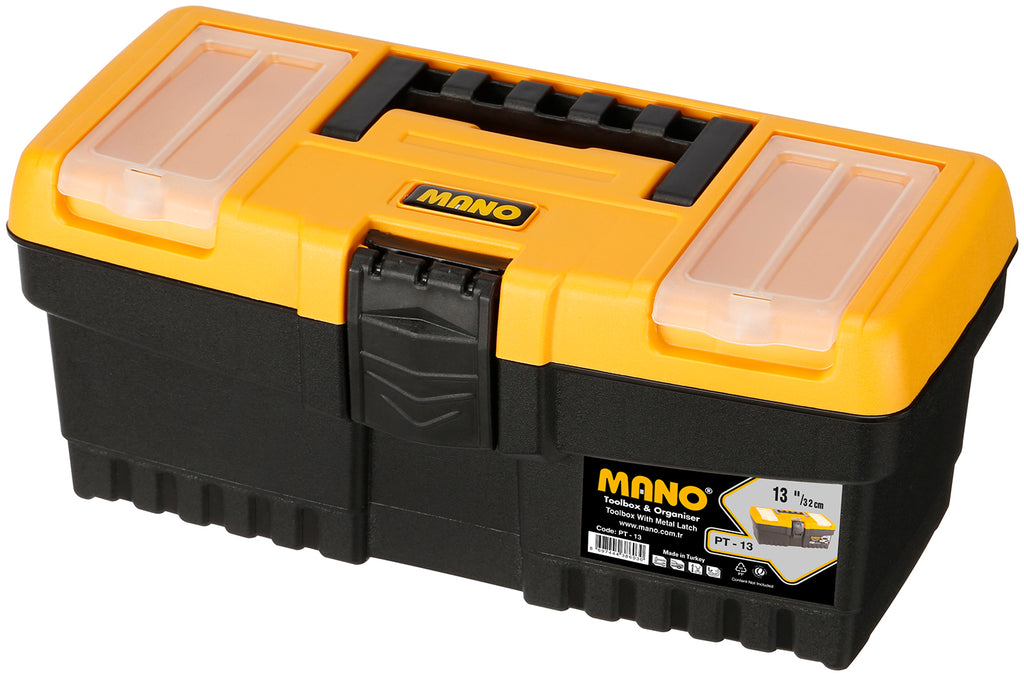 شنطة عدة بلاستيك قفل بلاستيك بحوافظ علوية 13 بوصة مقاس 320×155×139 مم ماركة مانو صناعة تركي