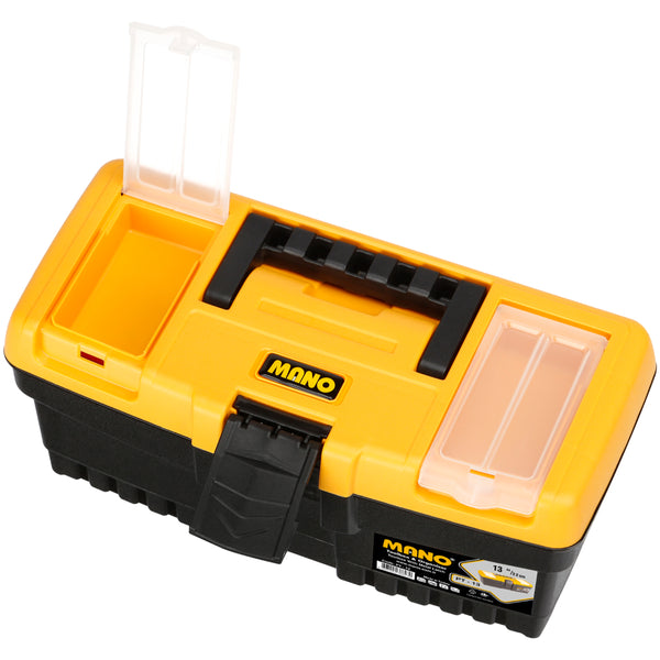 شنطة عدة بلاستيك قفل بلاستيك بحوافظ علوية 13 بوصة مقاس 320×155×139 مم ماركة مانو صناعة تركي